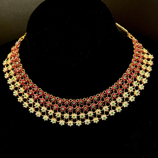 Sparkling & Succulent Cubic Zirconia Choker with Floral Rubies and Emeralds