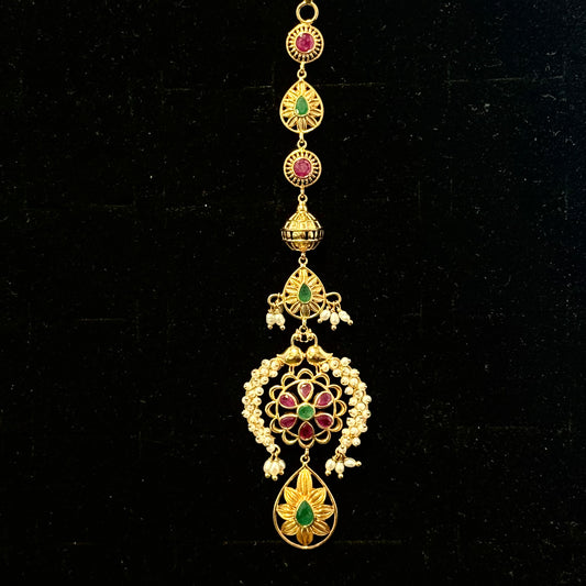Ruby, Emerald, and Pearl Maang Tikka with Pear-Drop