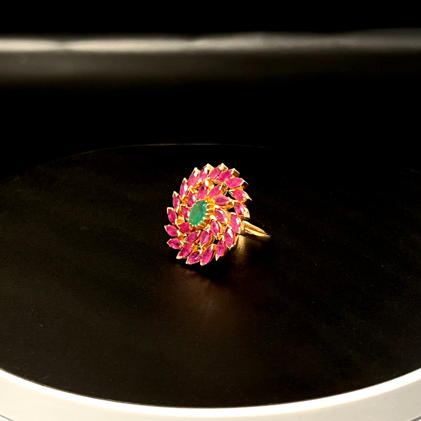 Circular Ruby and Emerald Statement Ring