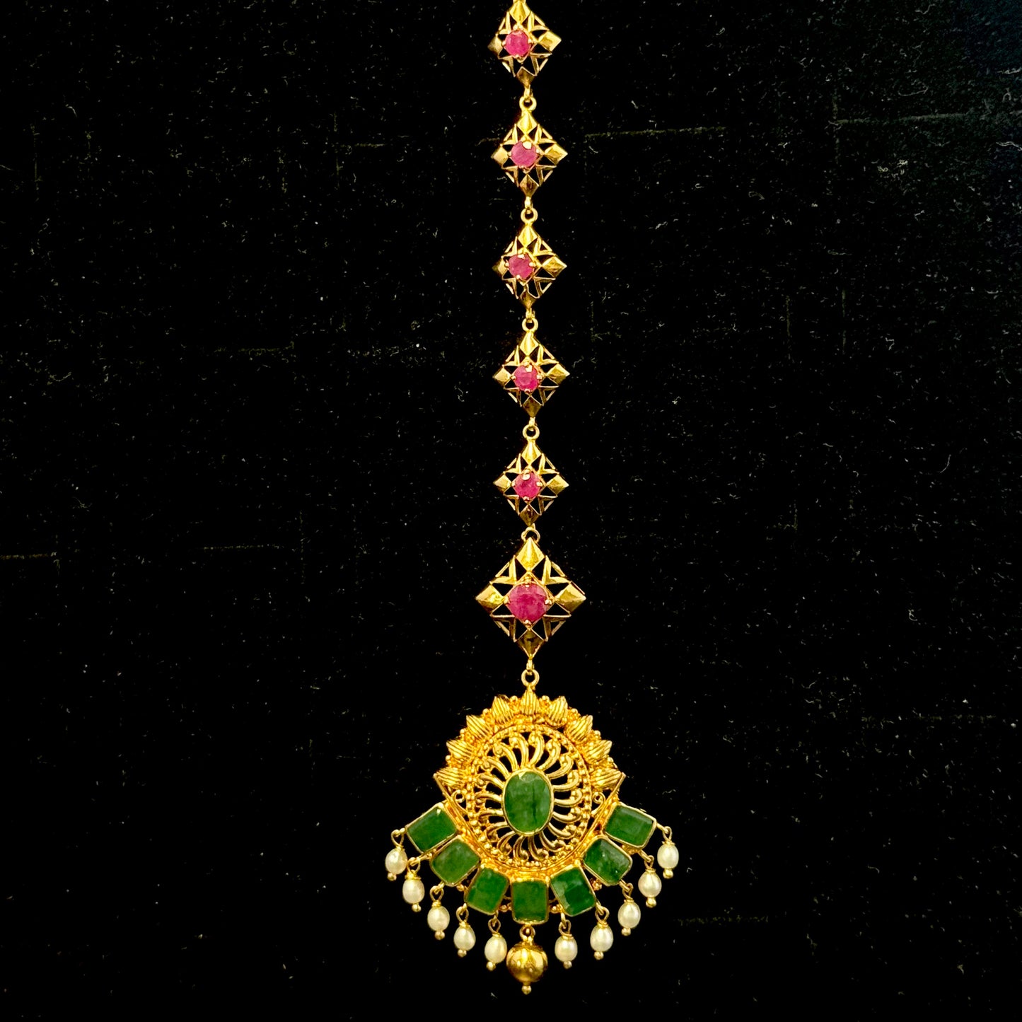 Diamond-Shape Tikka with Rubies, Emerald, and Pearls