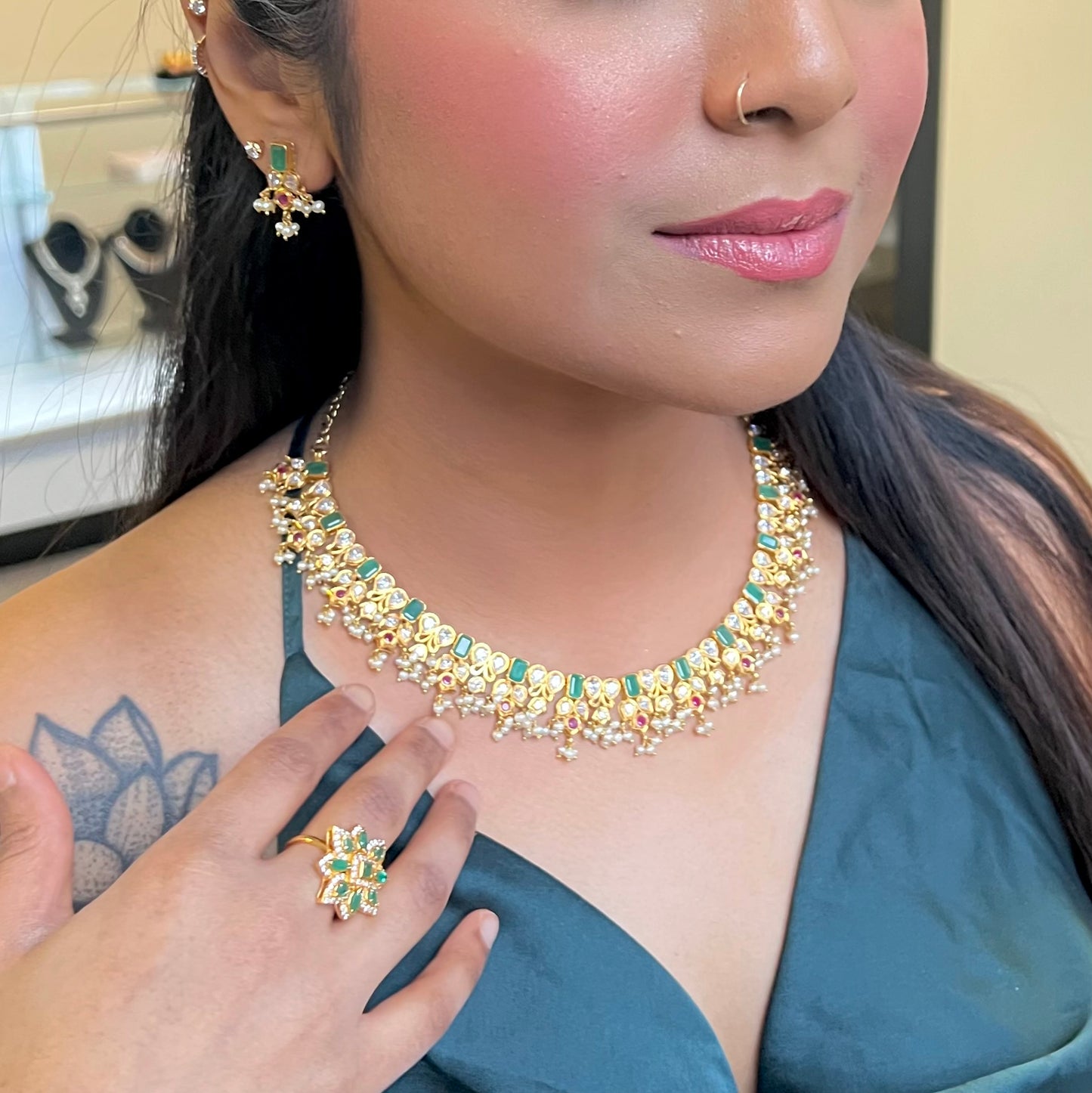 Fanciful Emerald and Seawater Pearl Necklace Set with Earrings