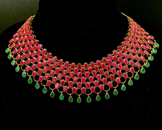 Majestic Ruby and Emerald Flexible Choker Set with Drop Earrings
