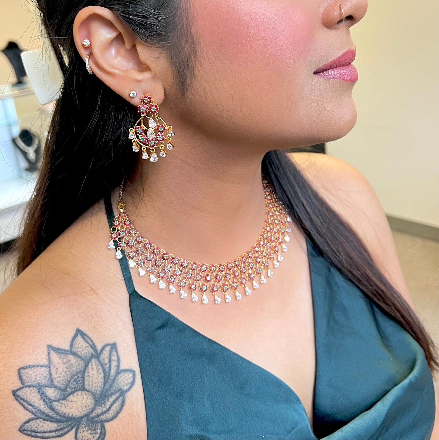 Bejeweled Flexible Choker with Ruby, Emerald, & Cubic Zarconia Drops