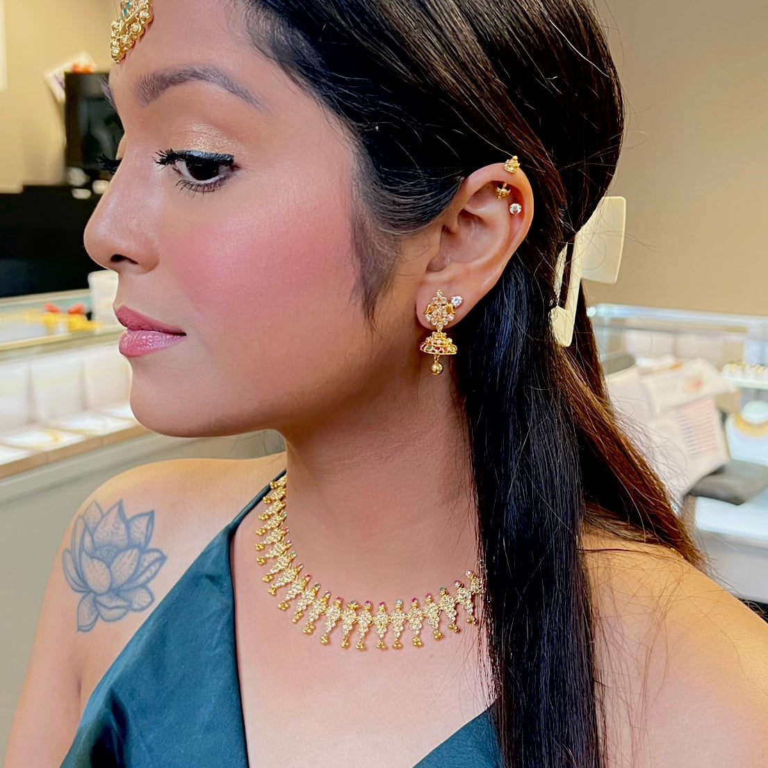 Vibrant Cubic Zarconia & Gold Choker Set with Faint Emeralds and Rubies