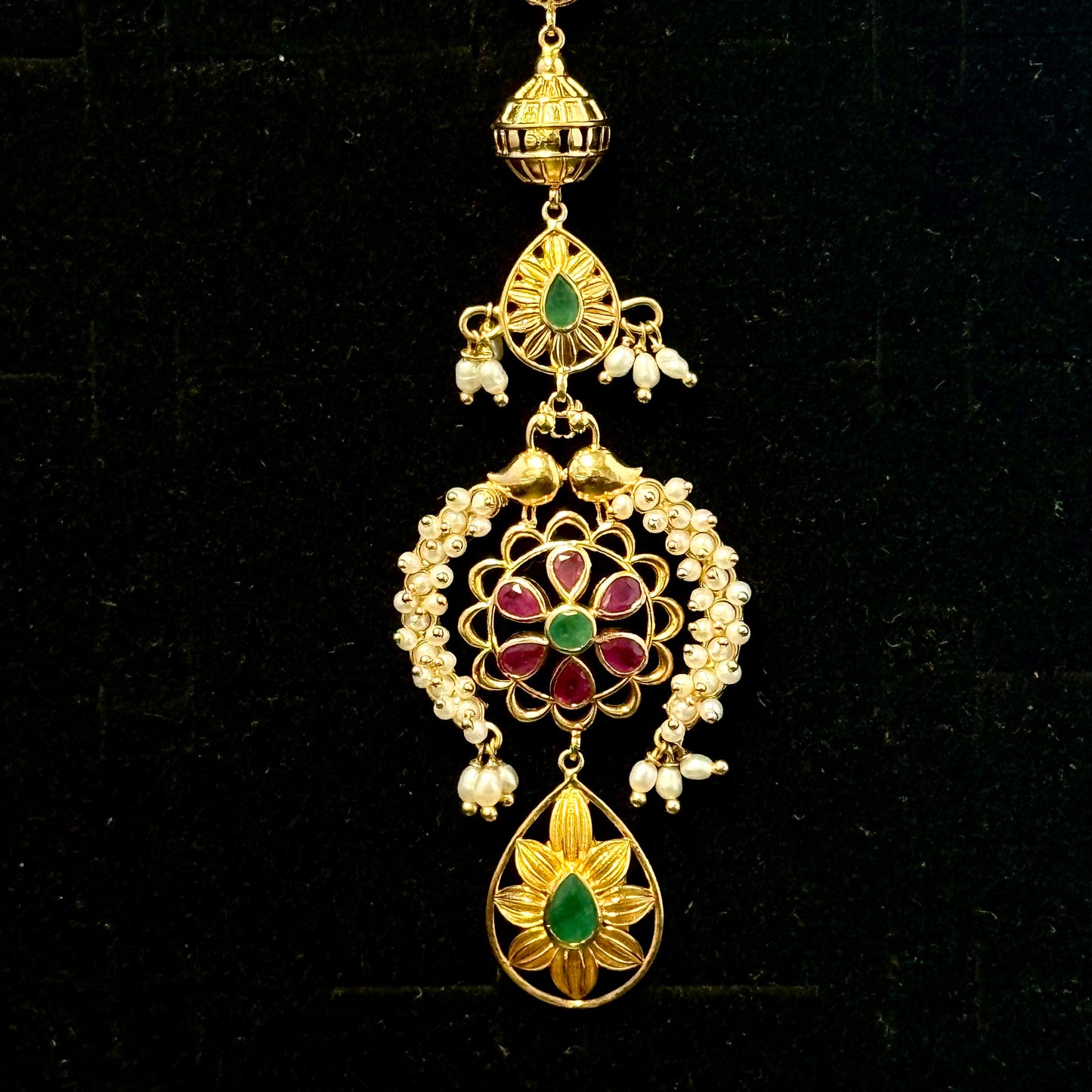 Ruby, Emerald, and Pearl Maang Tikka with Pear-Drop