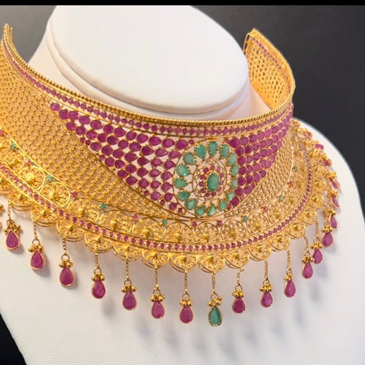 Marvelous Stiff Choker with Drop Emeralds and Rubies