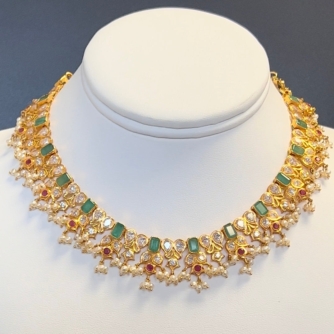 Fanciful Emerald and Seawater Pearl Necklace Set with Earrings