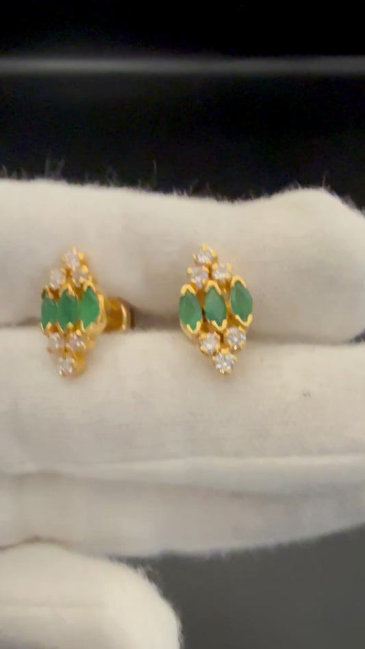 Tri-Emerald and CZ Stud Earrings