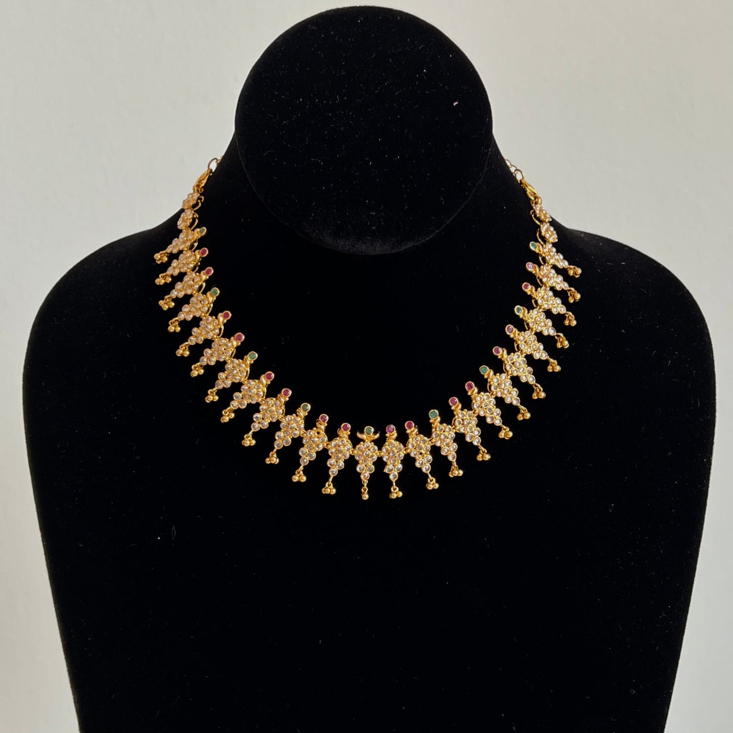 Vibrant Cubic Zarconia & Gold Choker Set with Faint Emeralds and Rubies