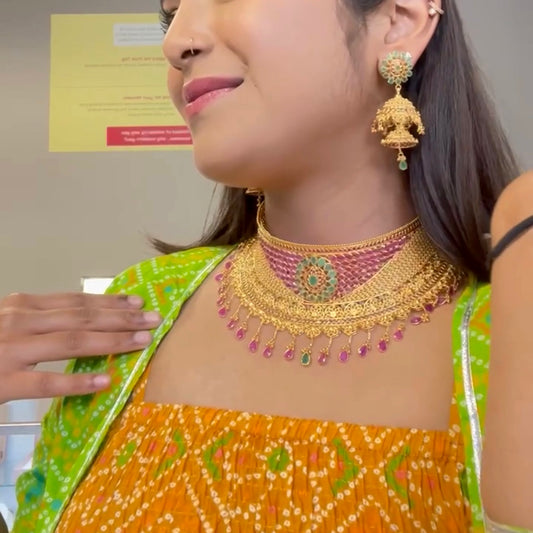 Marvelous Stiff Choker with Drop Emeralds and Rubies