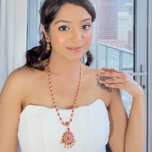 Exquisite Ruby Long Necklace Set with Stylish Ruby Earrings