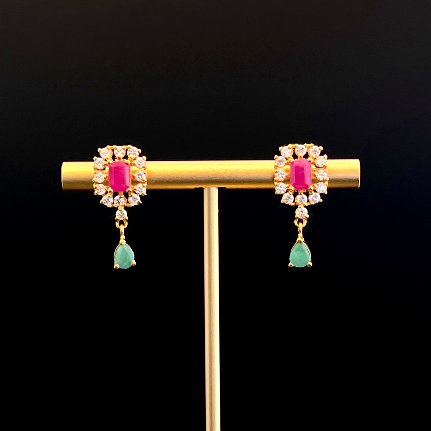 Emerald-Cut Ruby Earrings with CZ and Pear-Cut Emerald