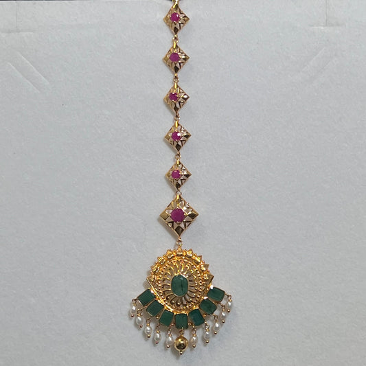 Diamond-Shape Tikka with Rubies, Emerald, and Pearls