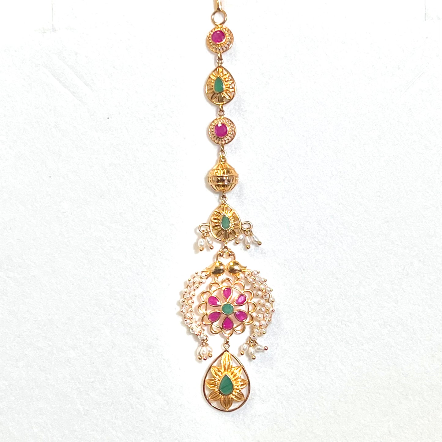 Ruby, Emerald, and Pearl Maang Tikka with Pear-Drop
