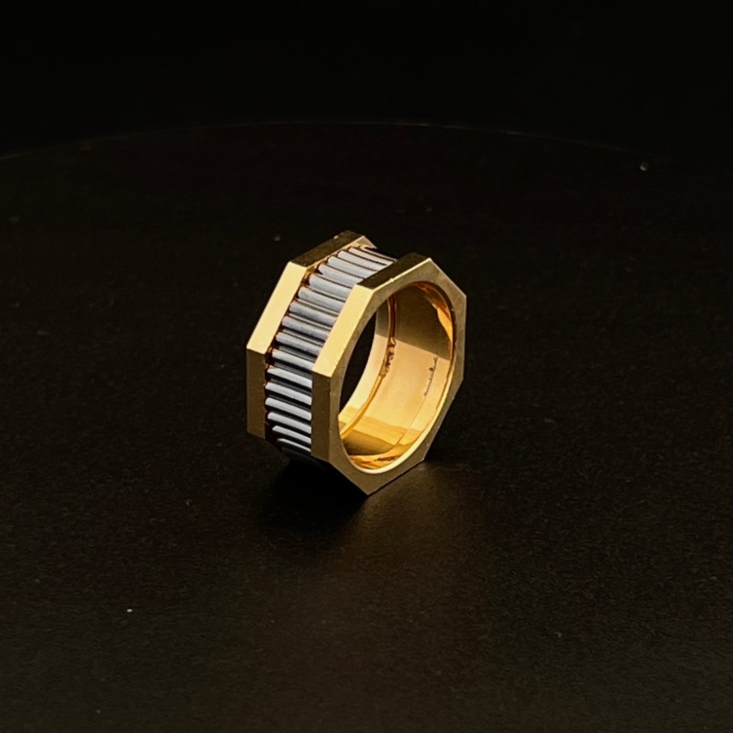 Octagon Solid Gold Ring with Black Rhodium Plating