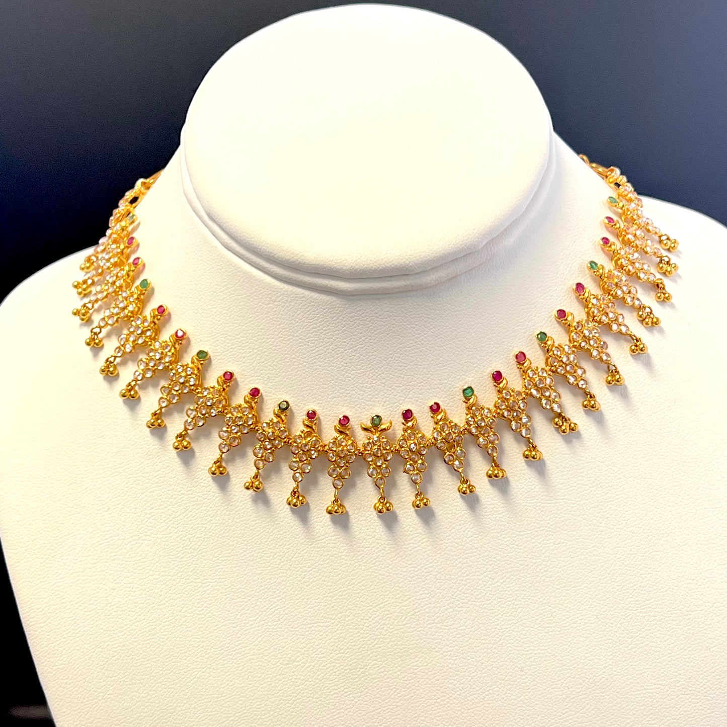 Vibrant Cubic Zarconia & Gold Choker Set with Faint Emeralds and Rubies
