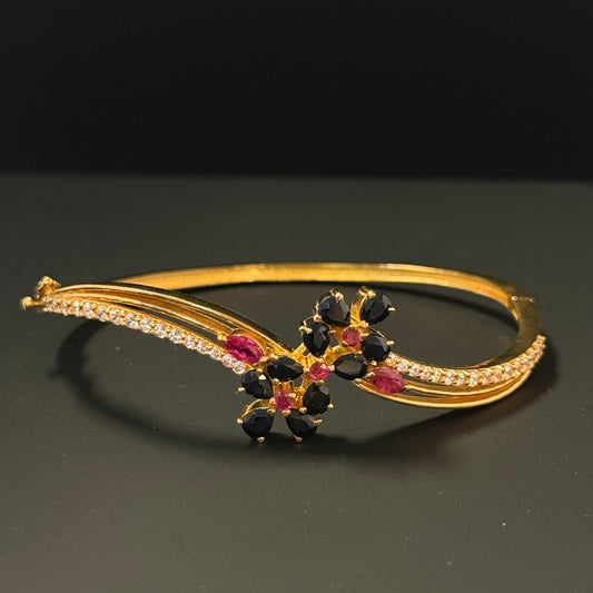 Multi-Gemstone Gold Floral Cuff Bracelet