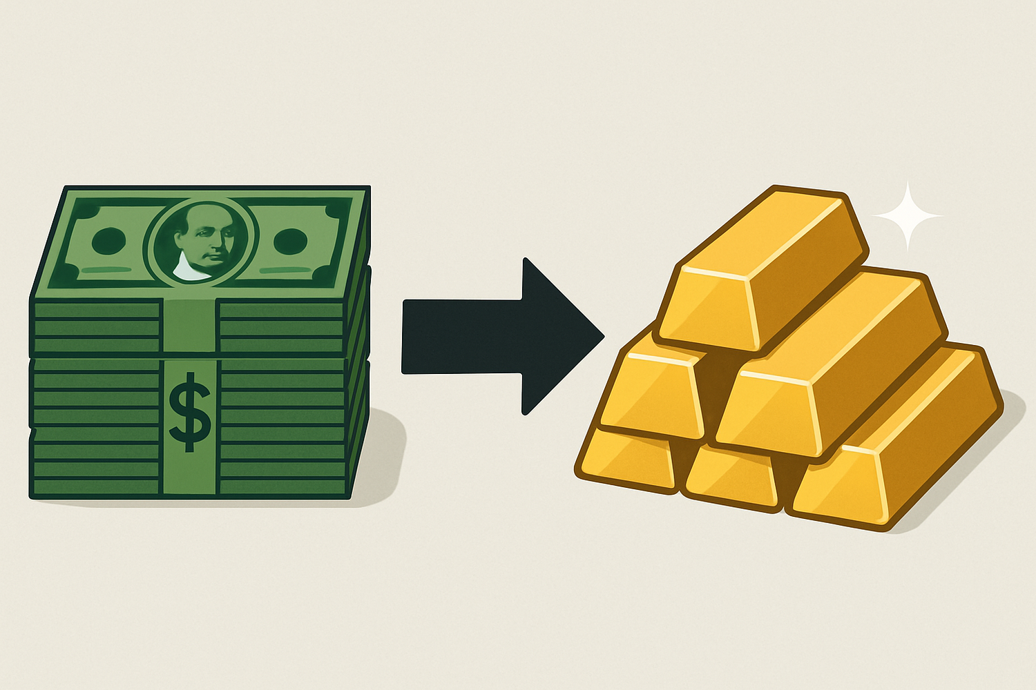 image of us dollars on the left, an arrow pointed to the right in the middle, and an image of gold bars to the right.