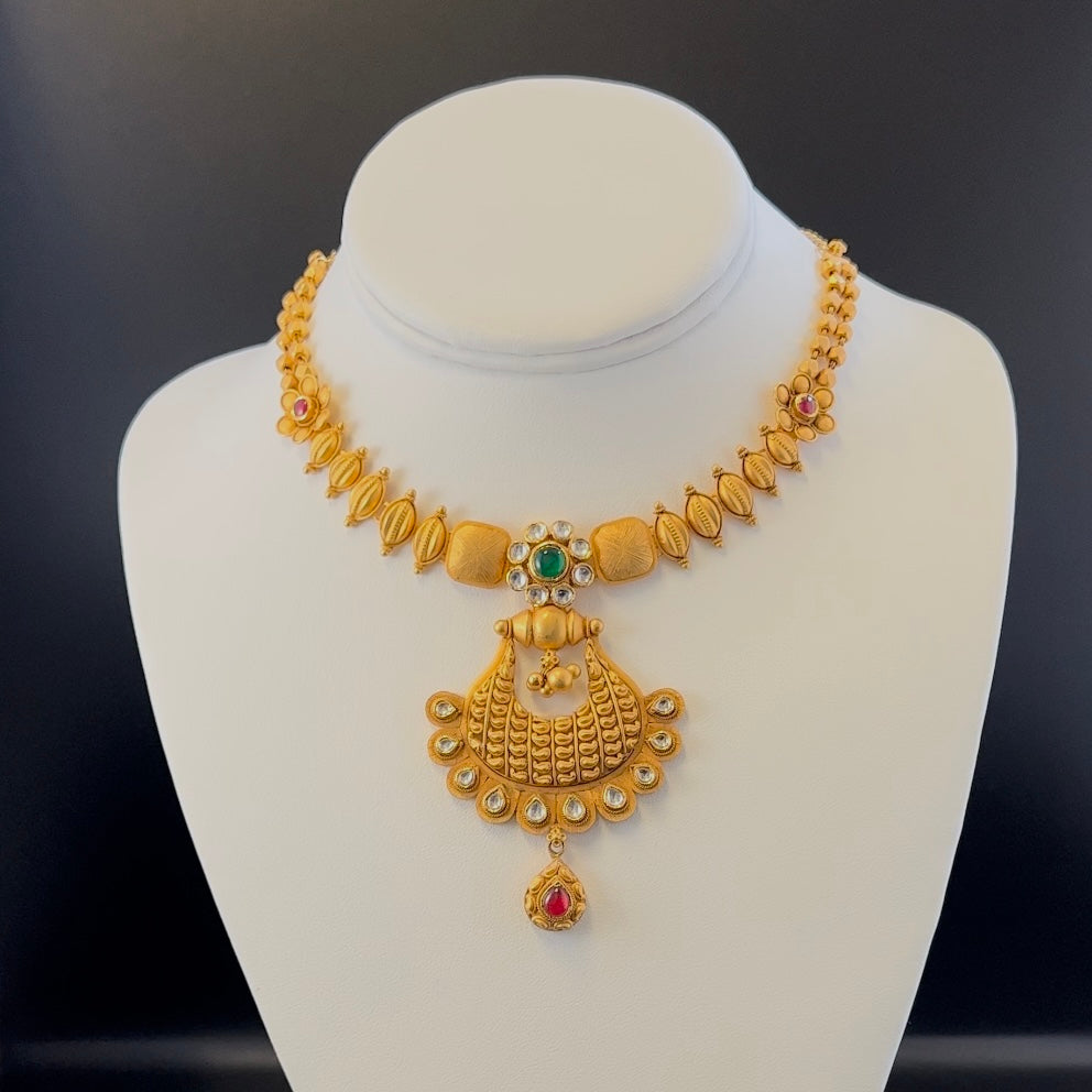22k Antique Gold Long Pendant Necklace & Chandbali Earrings Set W/ Rub –  Virani Jewelers