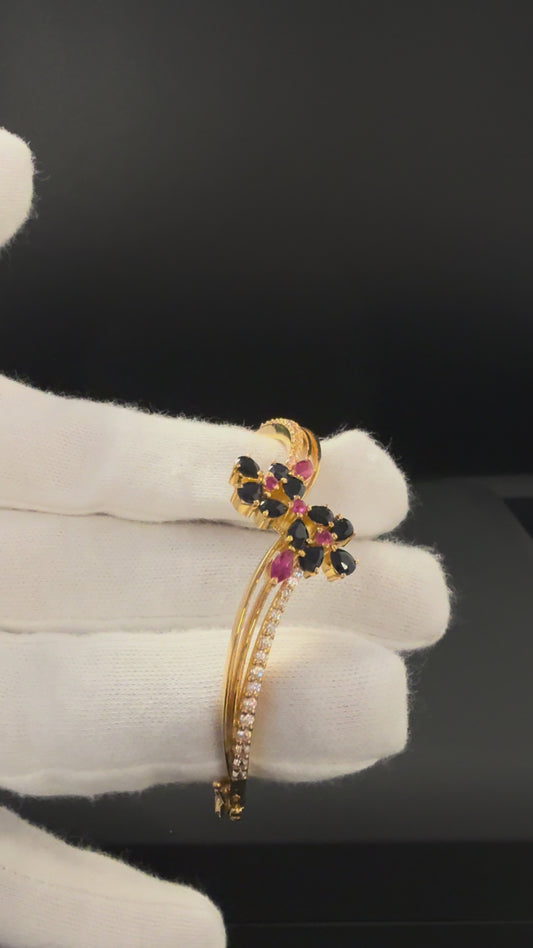 Multi-Gemstone Gold Floral Cuff Bracelet