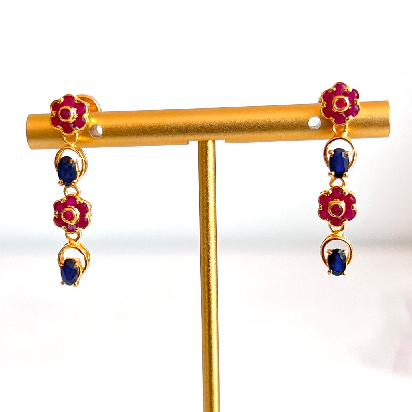 Drop Sapphire and Ruby Floral Earrings