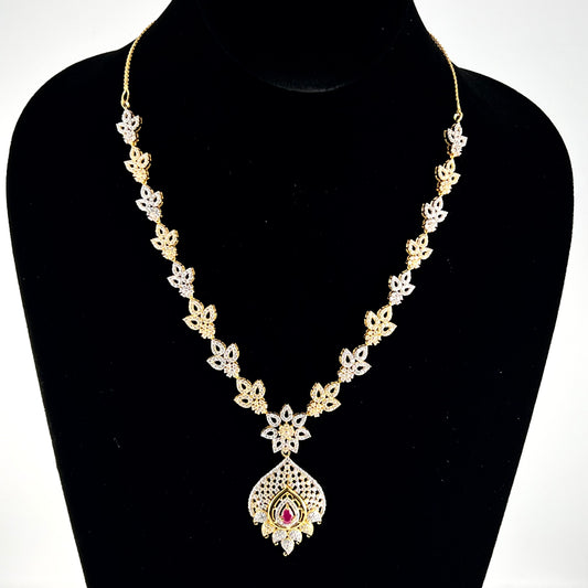 Glittering Cubic Zarconia Necklace with Singular Ruby Colored Stone