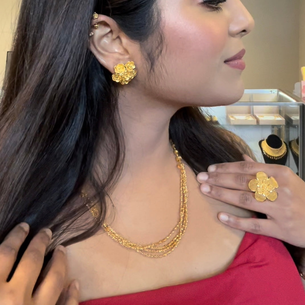 Gorgeous Three-Line Gold Necklace with Glittering Jhumka Earrings