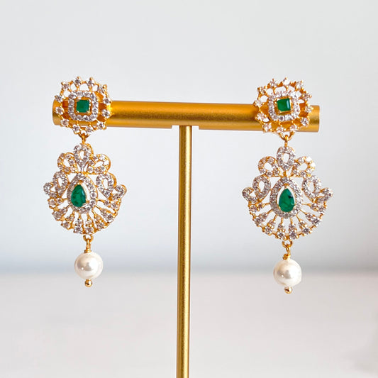 Extravagant Cubic Zarconia and Emerald Earrings with Pearl Drops