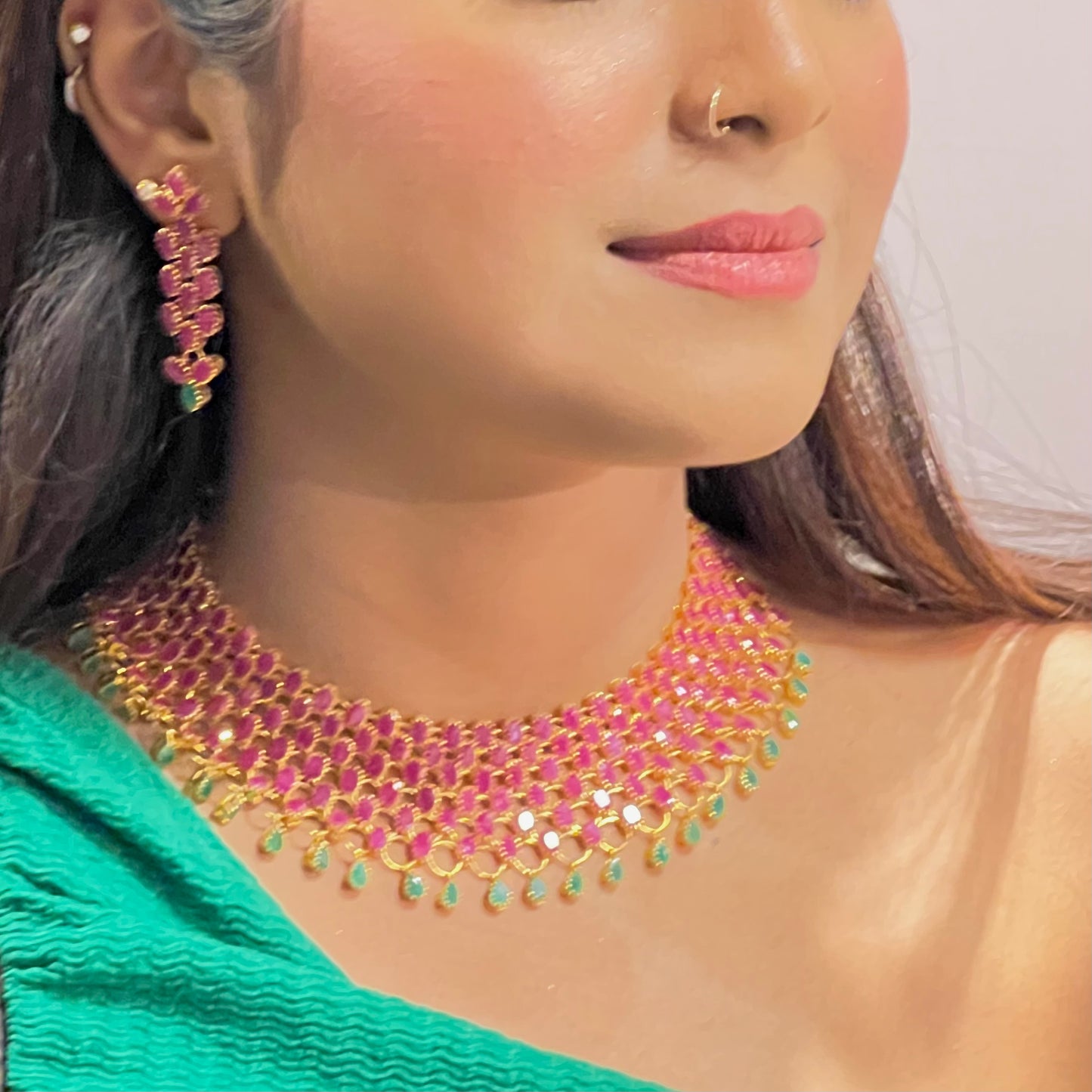 Majestic Ruby and Emerald Flexible Choker Set with Drop Earrings