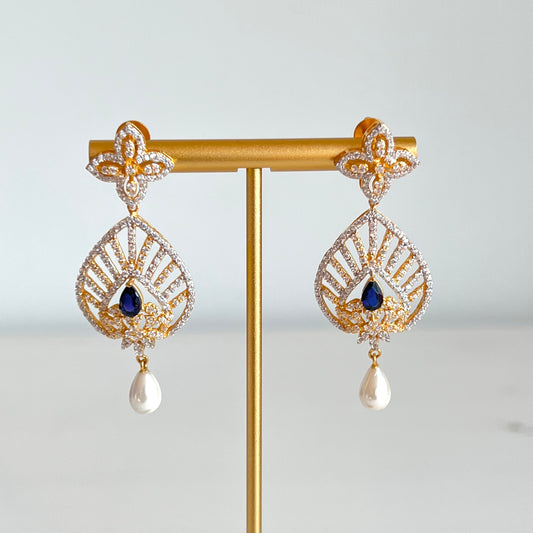 Unique Sapphire and Cubic Zarconia Earrings with Pearl Drops