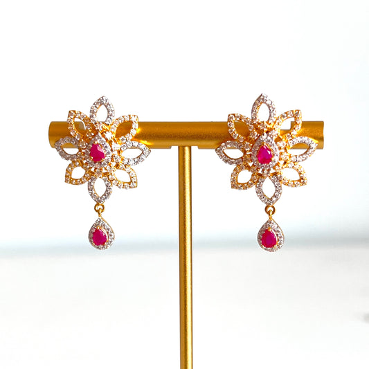 Floral Ruby and Cubic Zarconia Drop Earrings