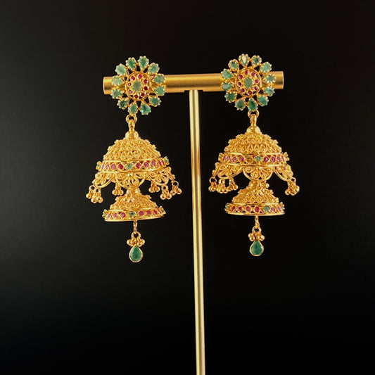 Stupendous Jhumka Earrings with Luxurious Emerald and Ruby Touch